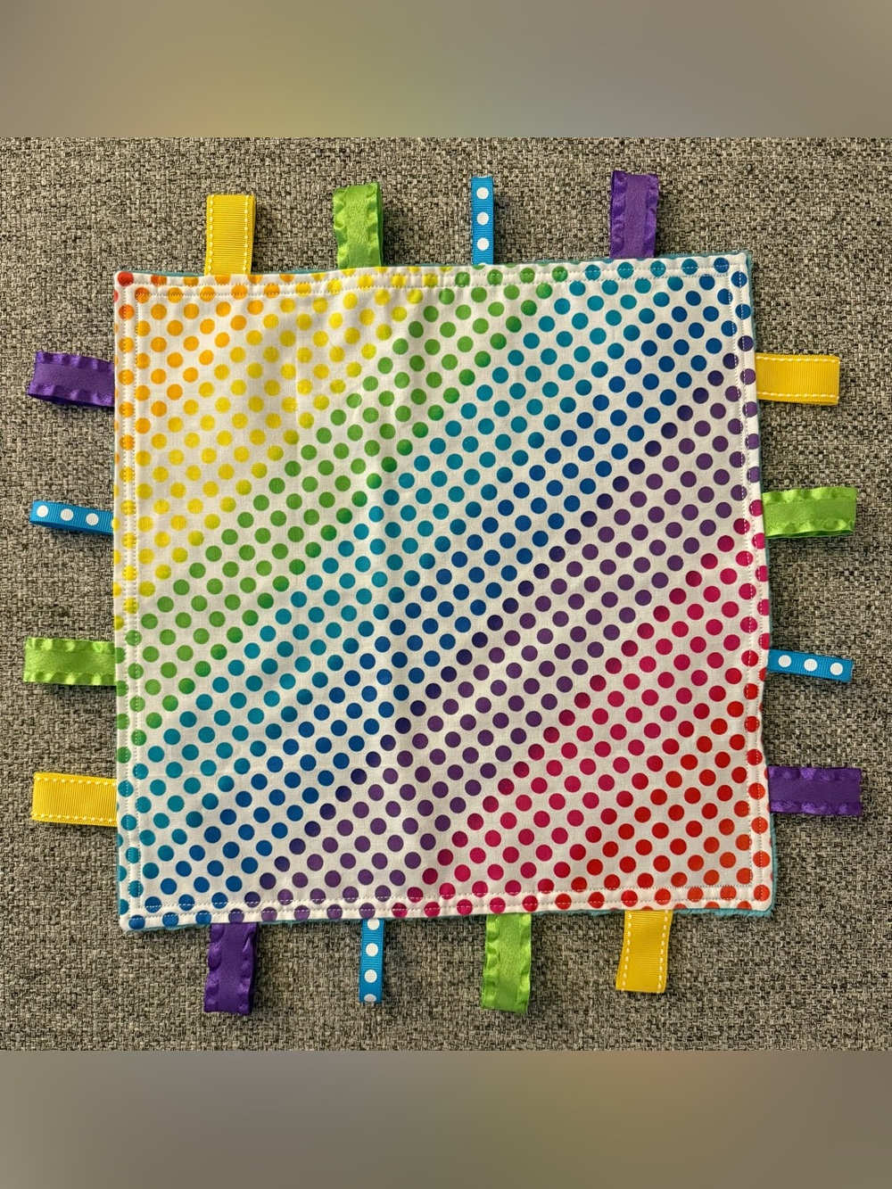 NEW hand-sewn Rainbow Polka Dot Taggie Blanket